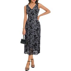 Women's Grey V Neck Sleeveless Mesh Maxi Dress Casual Elegant Long Floral